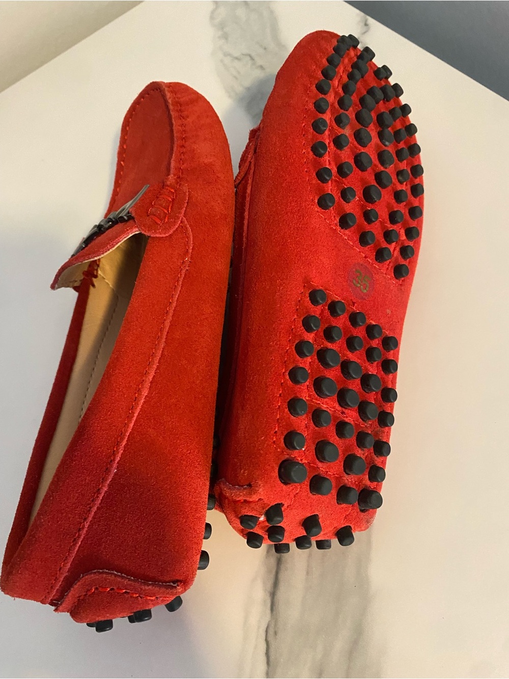 Red Suede Driving Loafers Moccasins with Metal Bit - size 35 (5 US) NWOT